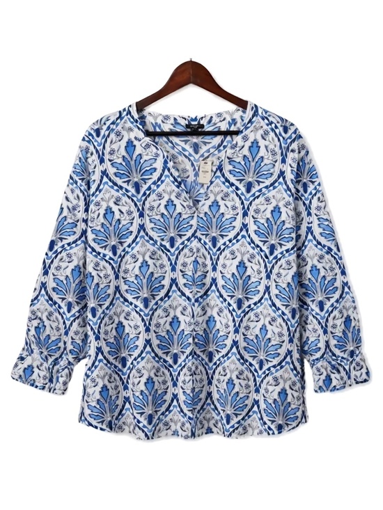 Talbots Tops - Talbots Blue White Print Popover Top V Neck Long Sleeve Size 3X NWT